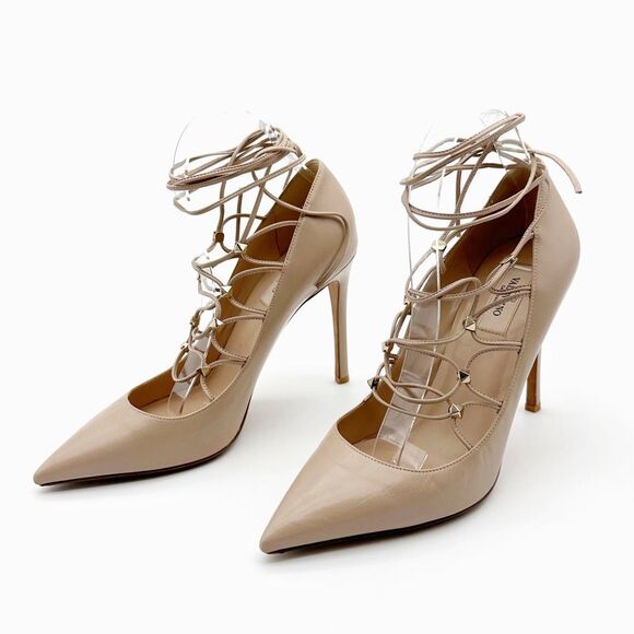 VALENTINO Rockstud Ankle Tie Wrap Strap Heels Size 40 Pointed Toe Leather Pumps - Picture 11 of 11